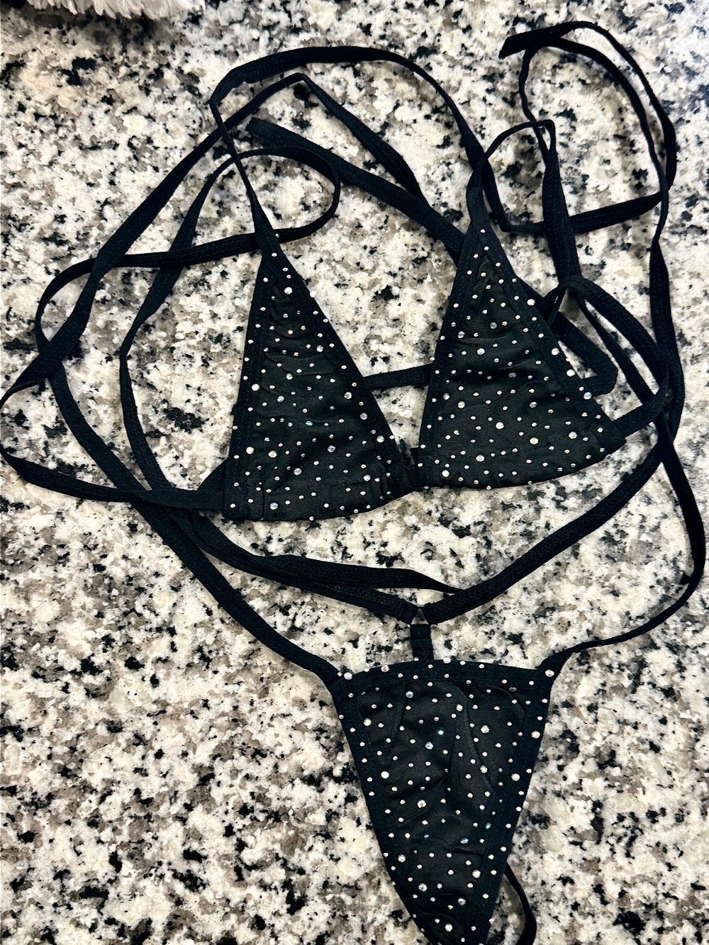 Black Rhinestone Triangle String Bikini Thong Set (OS)